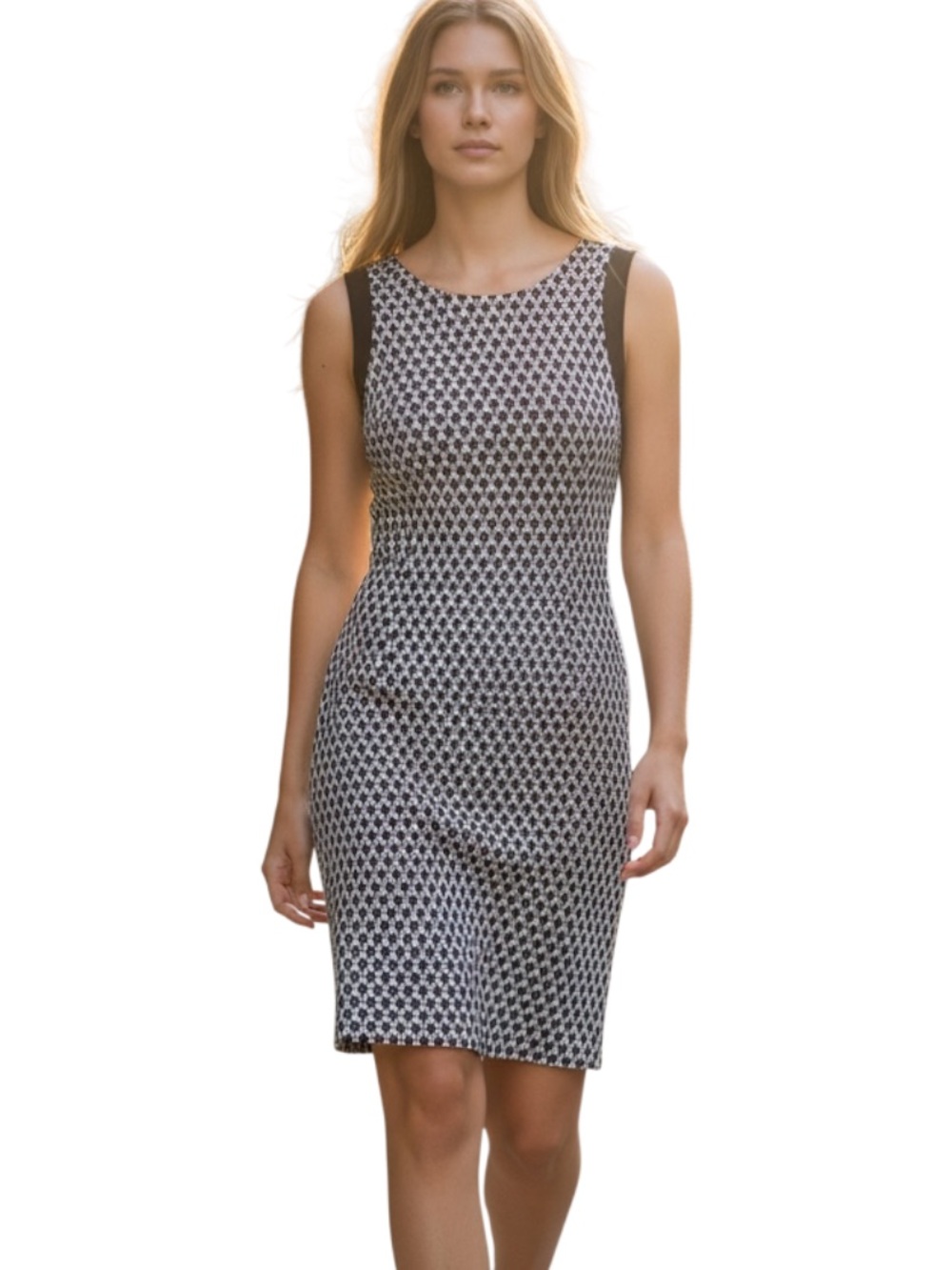Sharagano Black & White Geometric Midi Sheath Dress